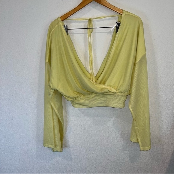 Free People lime green yellow mesh cross front tie back neck shirt size x small - Picture 1 of 7